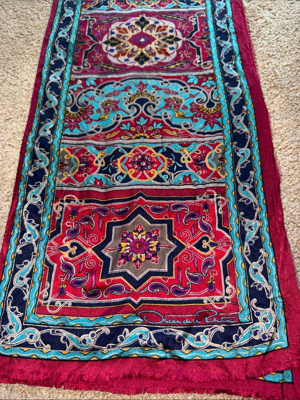 Vintage Oscar de la Renta  Medallion Scarf - Red, Turquoise, Navy